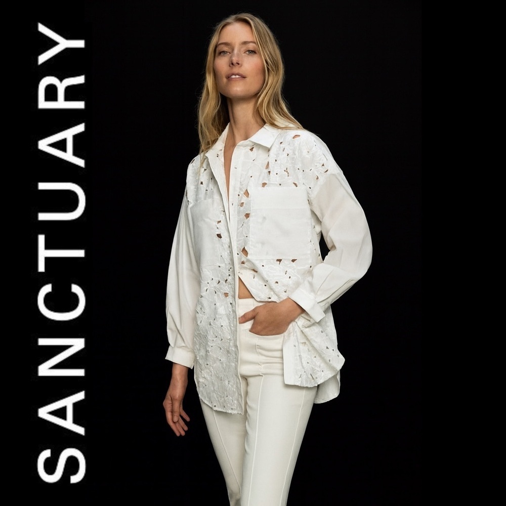 Sanctuary Lace Boyfriend Tie Back White Shirt | Size Small